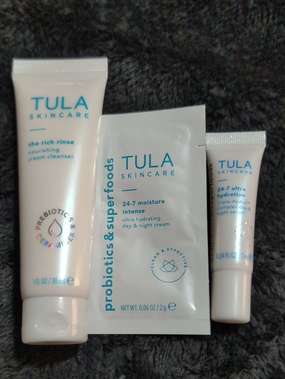 Tula Skincare White & Teal Nourishing Cleanser and Hydration Trio